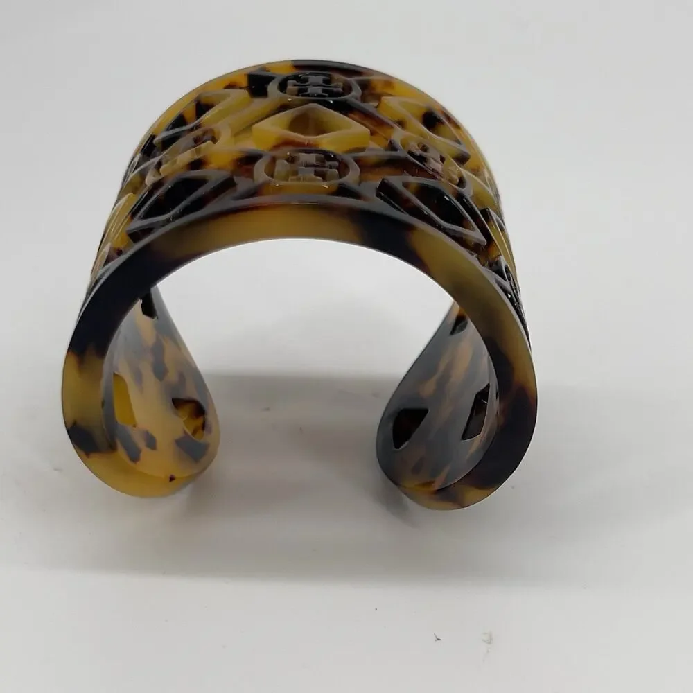 Tory Burch Logo Tortoise Resin Wide Cuff Bracelet Brown Amber Cutout Statement